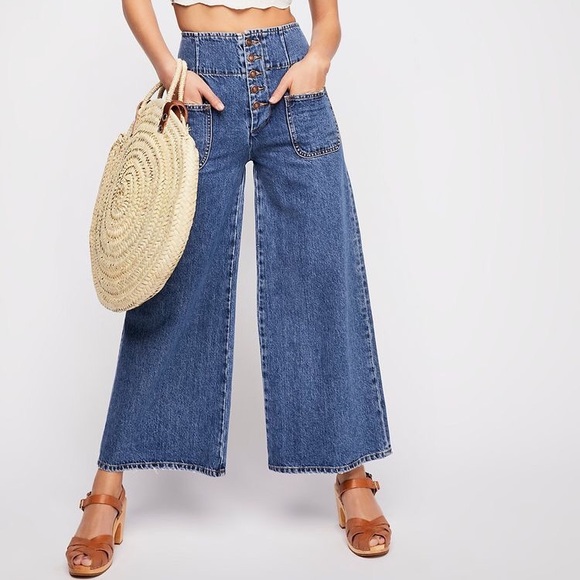 Free People Denim - Free People High Rise Button Up Wide Leg Jeans
